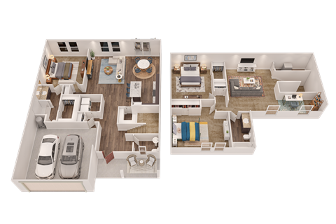 A 3D floor plan of a two-bedroom apartment with a garage.